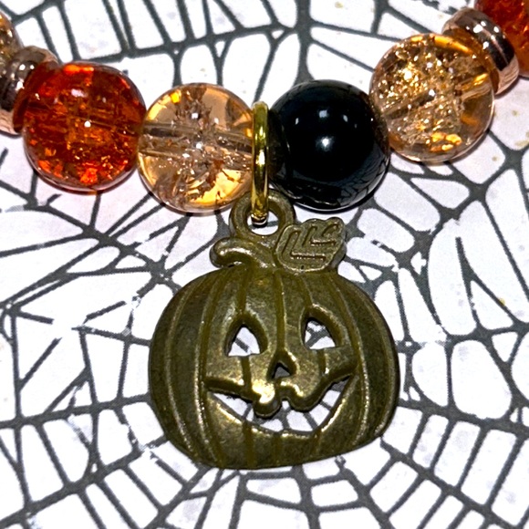 Handmade Halloween Pumpkin Charm Bracelet with Natural Tiger Eye Stones! - Picture 9 of 9